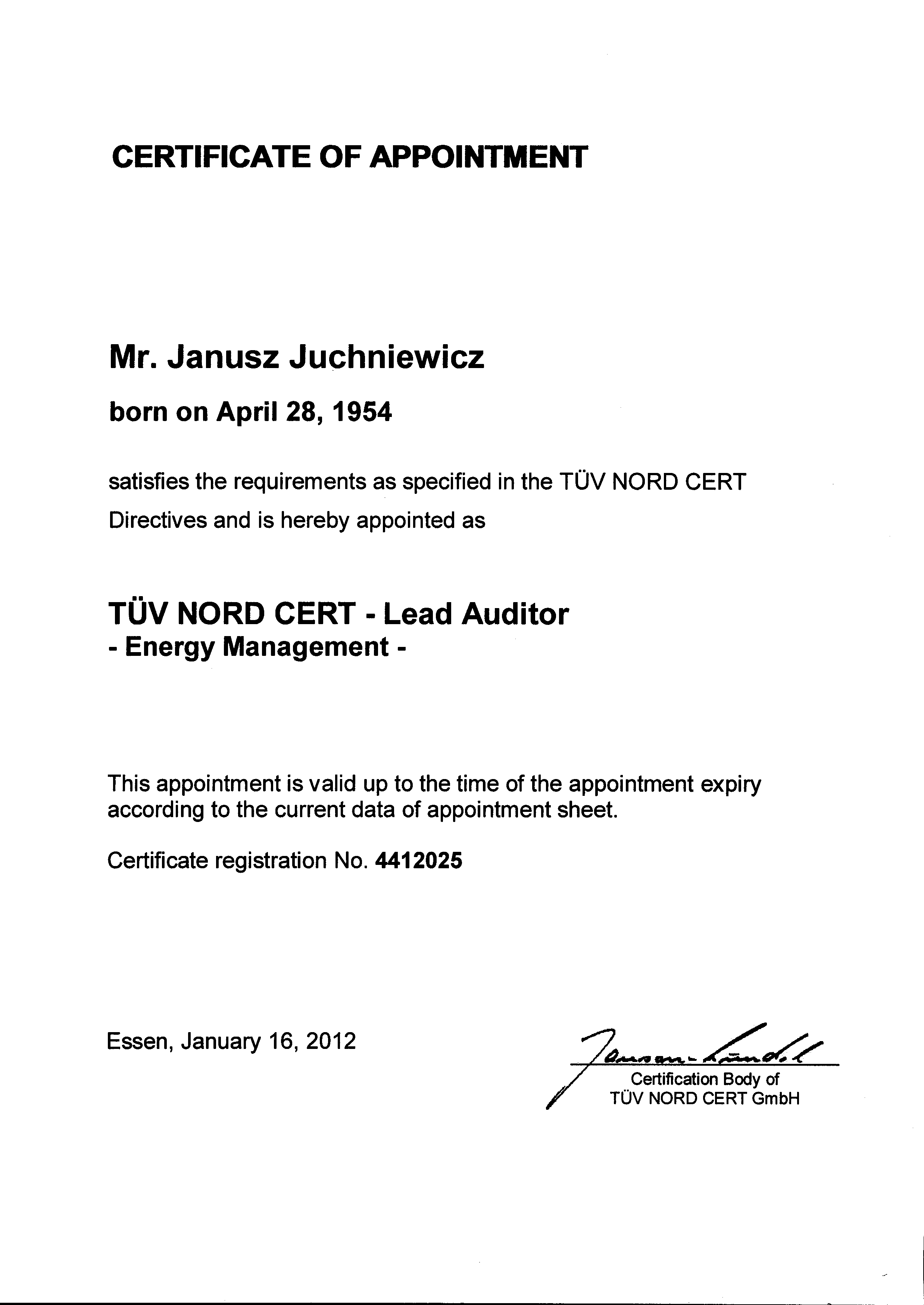 Certifikat auditora systemu zarządzania energią wg normy EN 16001