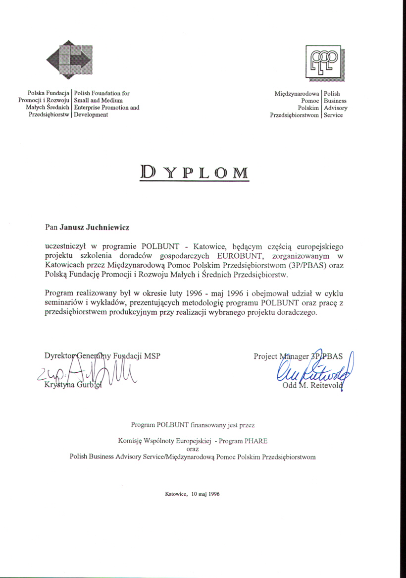 Dyplom szkolenia doradców BUNT