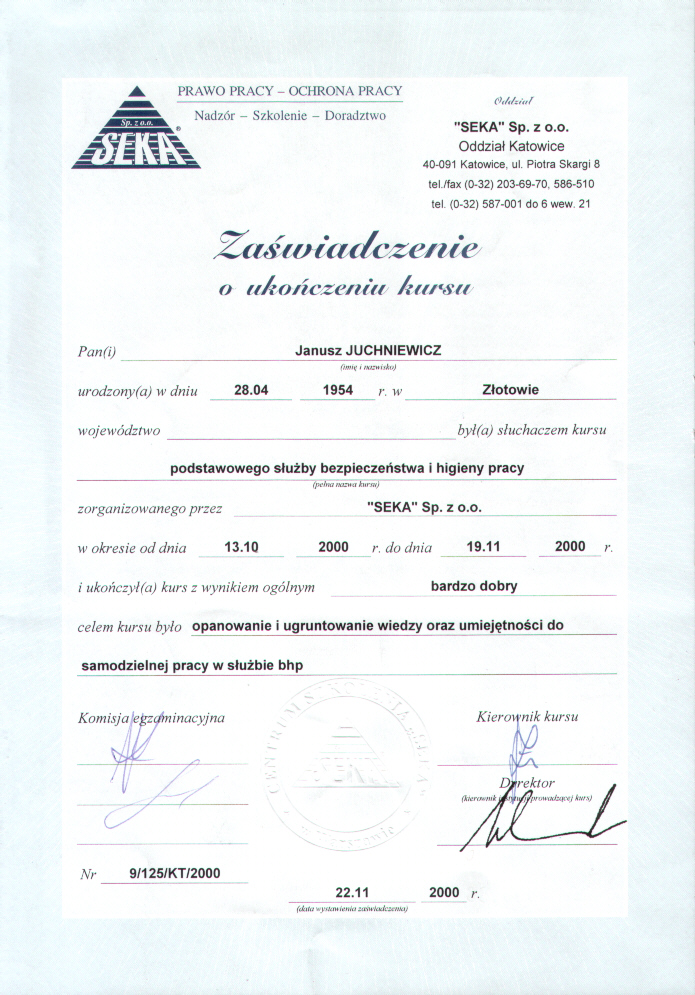 Kurs uprawniający do samodzielnej pracy w bhp