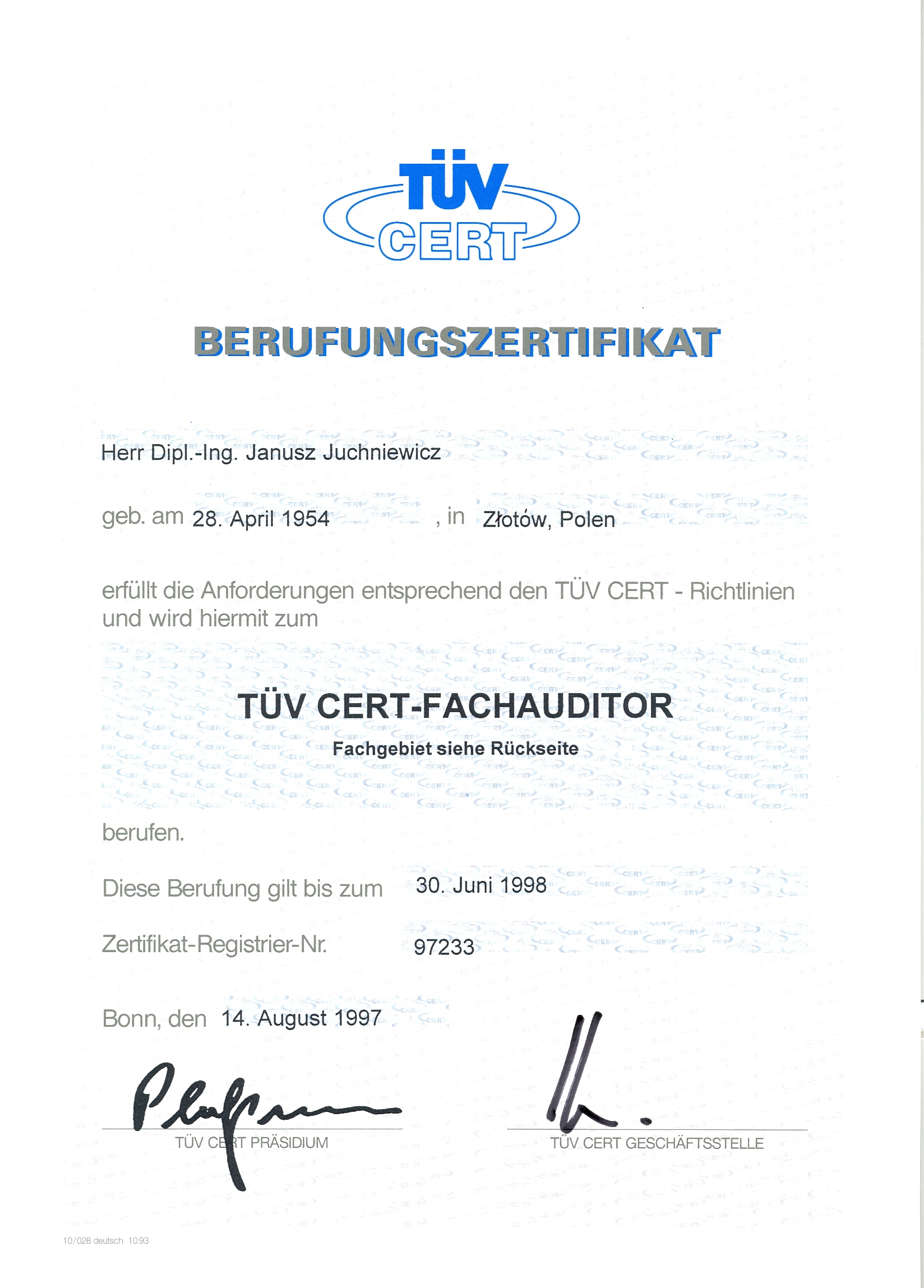 Certyfikat auditora 1997