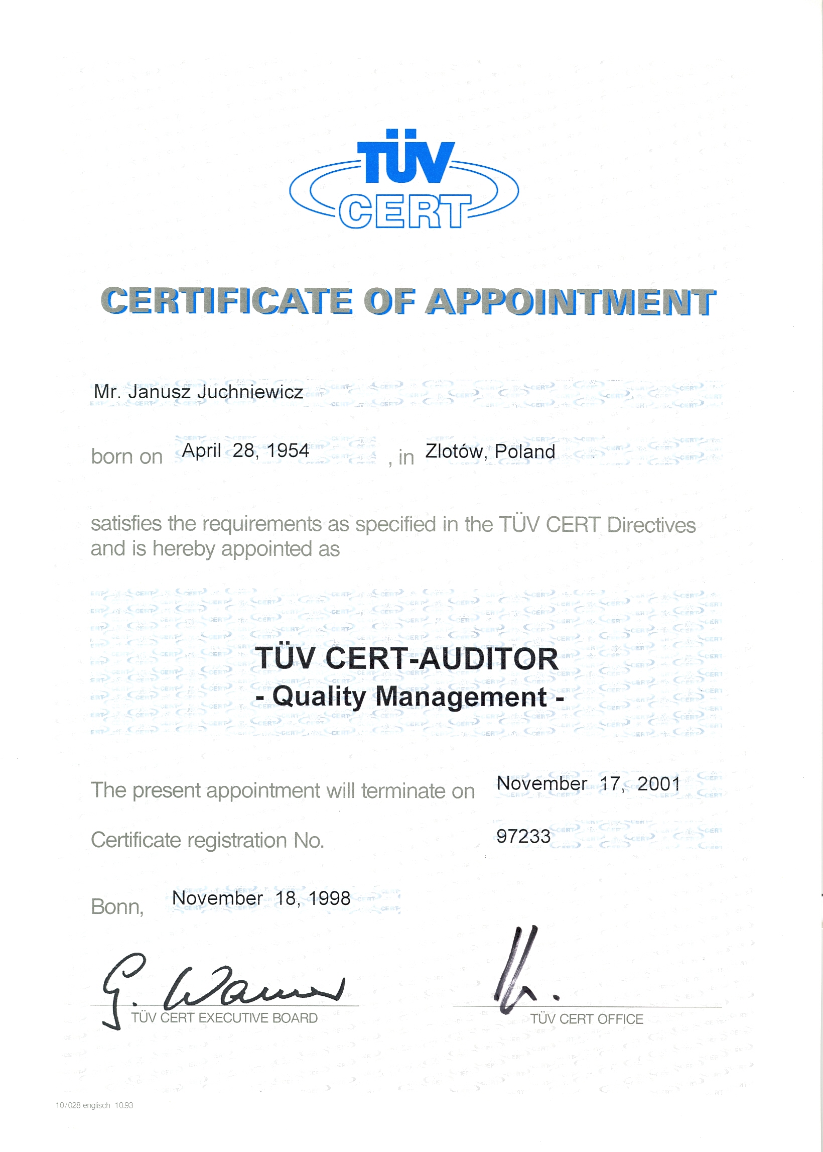 Certyfikat auditora 1998