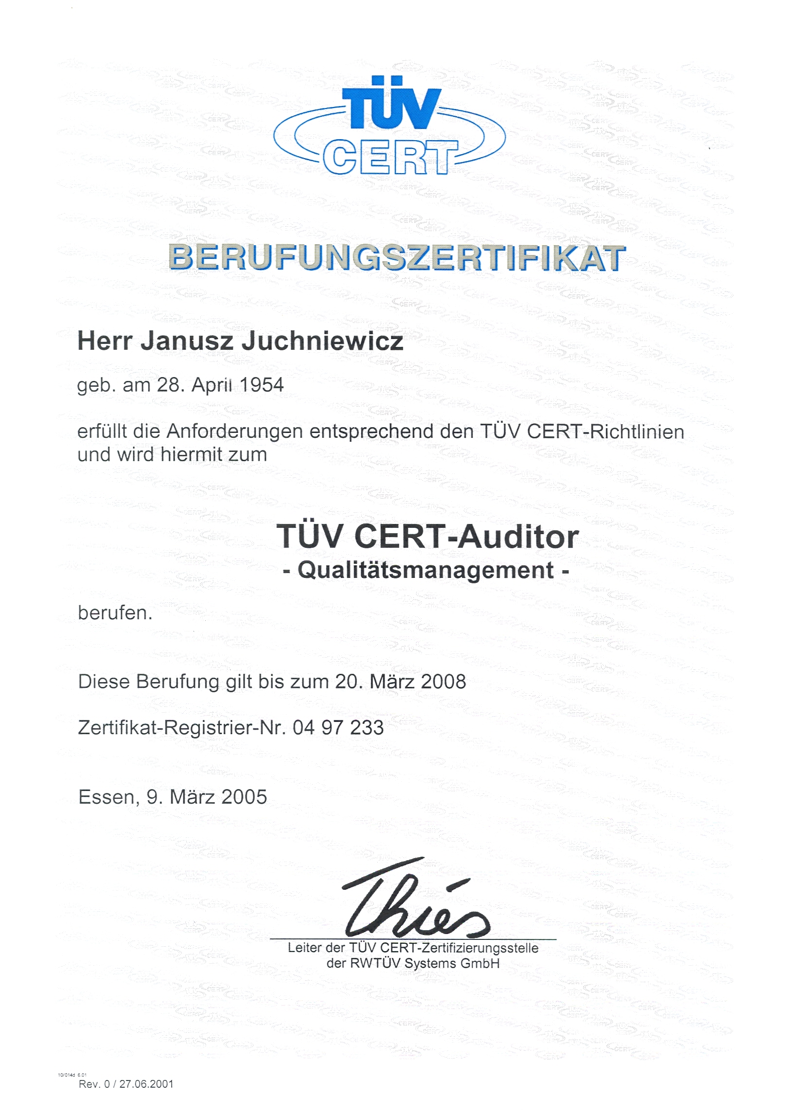 Certyfikat auditora ISO 9001